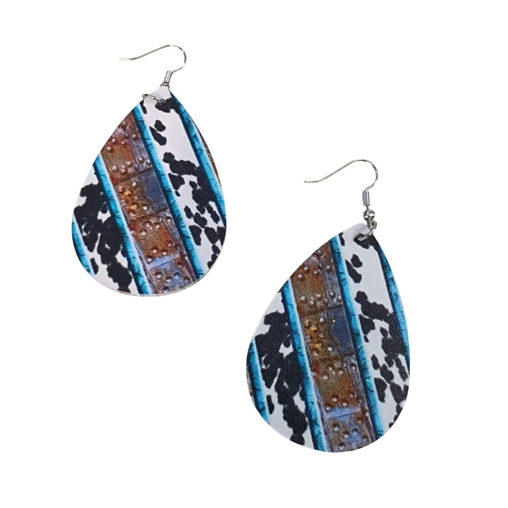 Western Cow Print Turquoise Teardrop Faux Leather Statement Earrings Multi-Color
